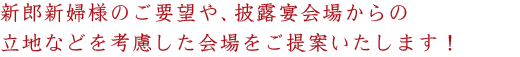 新郎新婦様のご要望や、披露宴会場からの立地などを考慮した会場をご提案!